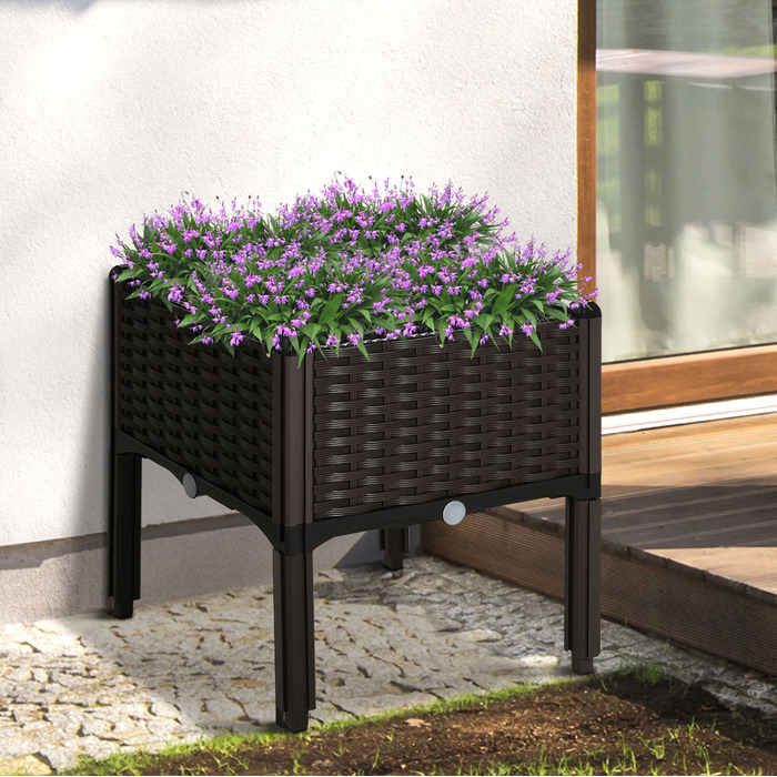 Outsunny Raised Garden Bed Planter, Rattan-Look 40x40x44cm with PP Drainage Holes in Brown for Garden & Balcony