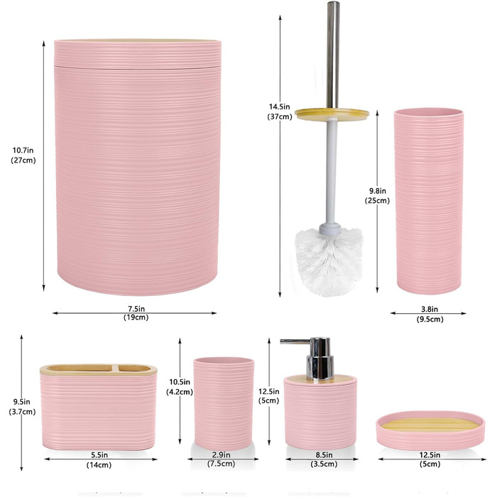 CERBIOR Набір аксесуарів для ванної кімнати, бамбуковий комплект з 6 предметів, включає дозатор для мила, тримач для зубних щіток, стакан для зубних щіток, мильниця для декоративної поверхні, подарунок на новосілля, Sriral (Рожевий)