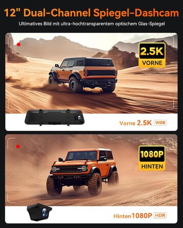 WOLFBOX Дзеркало-відеореєстратор 12' 4K з камерою заднього виду, WiFi, IPS-сенсорний екран, GPS, G-сенсор, Park Monitoring, 32GB, G840H