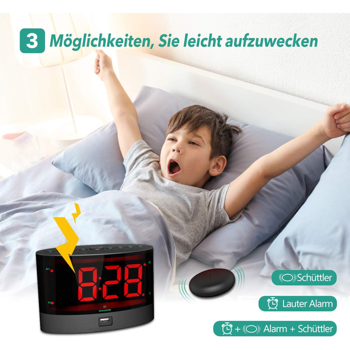 ANJANK Very Loud Alarm Clock with Wireless Vibration, Bed Shaker for Deaf/Hard of Hearing/Deep Sleepers, Dual Alarm, Dimmer, Battery Backup, USB Charger, Large Digital LED Display