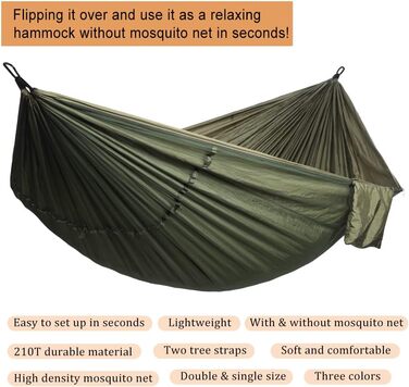 Гамак для кемпінгу з москітною сіткою, подвійний/одинарний, з ременями та карабінами, для відпочинку, подорожей та хайкінгу, блакитний/темно-синій (армійний/зелений), 300 x 200 см