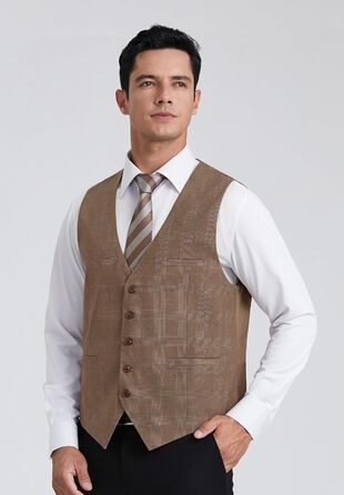 HISDERN Жилет чоловічий в клітинку, класичний, бавовна, для весілля, в стилі 'Hahnentritt', під костюм (S, Коричневий / Хакі)