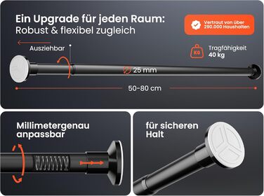 Штанга для душу без свердління 160-210 см, срібна, Ø 25 мм, телескопічна, з кріпленнями. Підходить для ванної, душу та перегородки. Телескопічна штанга для вікна 50-80 см, матовий чорний