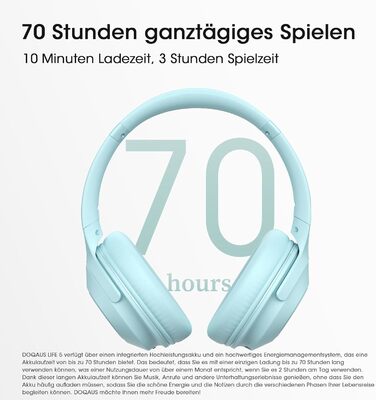 Бездротові навушники DOQAUS Bluetooth з тривалим часом роботи (70 годин), Over-Ear, Bluetooth 5.4, з кабелем, 3 режими EQ, HiFi стерео для подорожей/телефону/ПК (блакитні)