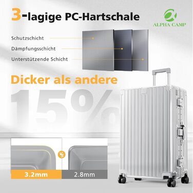 Чемодан ALPHA CAMP XL з алюмінієвим каркасом та полікарбонатною жорсткою оболонкою, TSA-замок, 40x36x77 см, 93 л, срібний