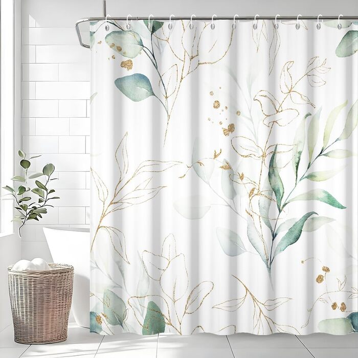 Штора для душу 180x220 см, Евкаліпт, зелені листя, анти-грибок, акварель, рослини, водонепроникна, поліестер, з гачками для ванної кімнати