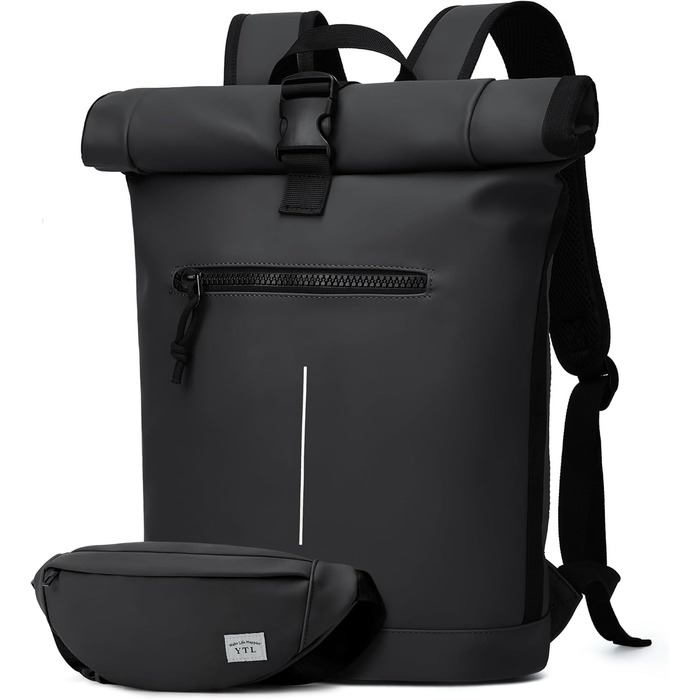 Чорний рюкзак YTL Rolltop з відділенням для ноутбука 17 дюймів. Ідеальний для подорожей, школи, університету, велопоїздок.