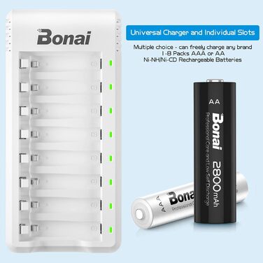 Зарядний пристрій BONAI для акумуляторів AA AAA NI-MH з LED-дисплеєм, USB, швидка зарядка, 8 слотів