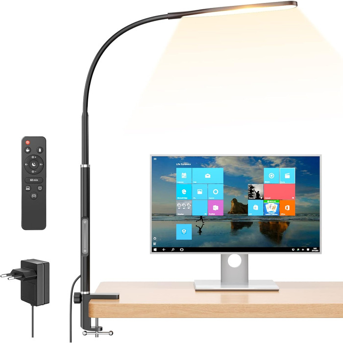 LED лампа для столу з кріпленням, регульоване затемнення, архітектурна лампа, лампа для офісу з регульованим кріпленням, пульт дистанційного керування, 4 колірні температури, чорний