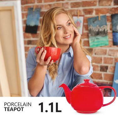 Teapot with infuser, Swansea Sea Green 1.1 L with filter, made of porcelain by URBAN LIFESTYLE, a drip-free teapot. Teapot with infuser, porcelain (Red)
