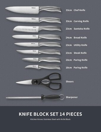 Yabano 16-Piece Professional Stainless Steel Knife Set with Wooden Block - Chef's Knife Set