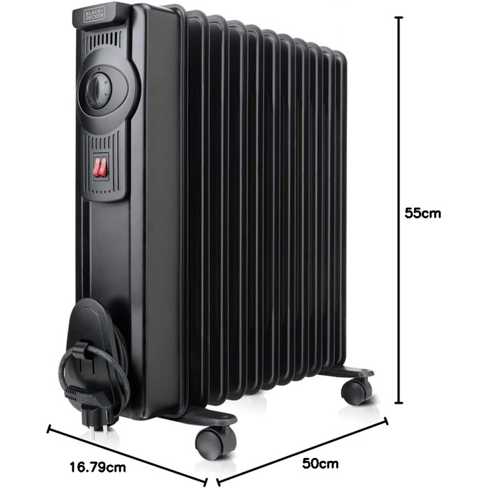 Радіатор масляний BLACK+DECKER BXRA2300E, 2000W, чорний, елегантний дизайн