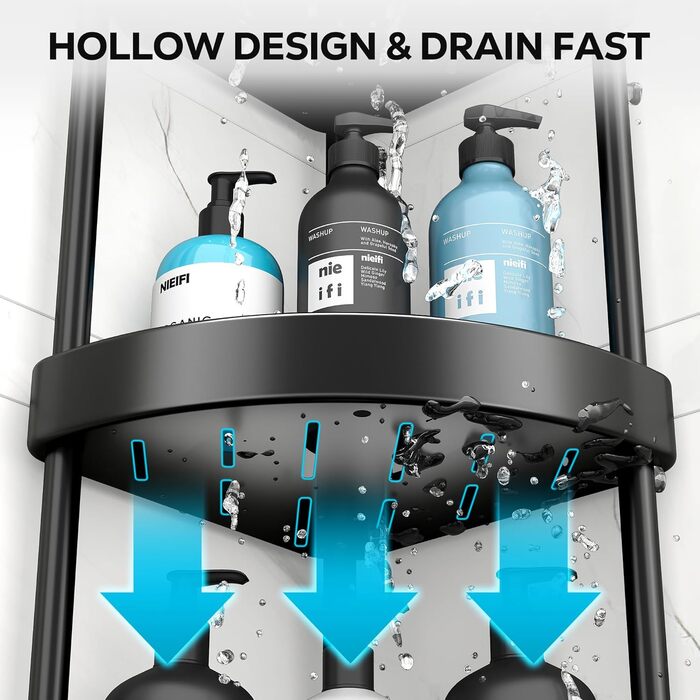 Поличка для душу Nieifi без свердління, кутова, з нержавіючої сталі, 4 яруси, чорна