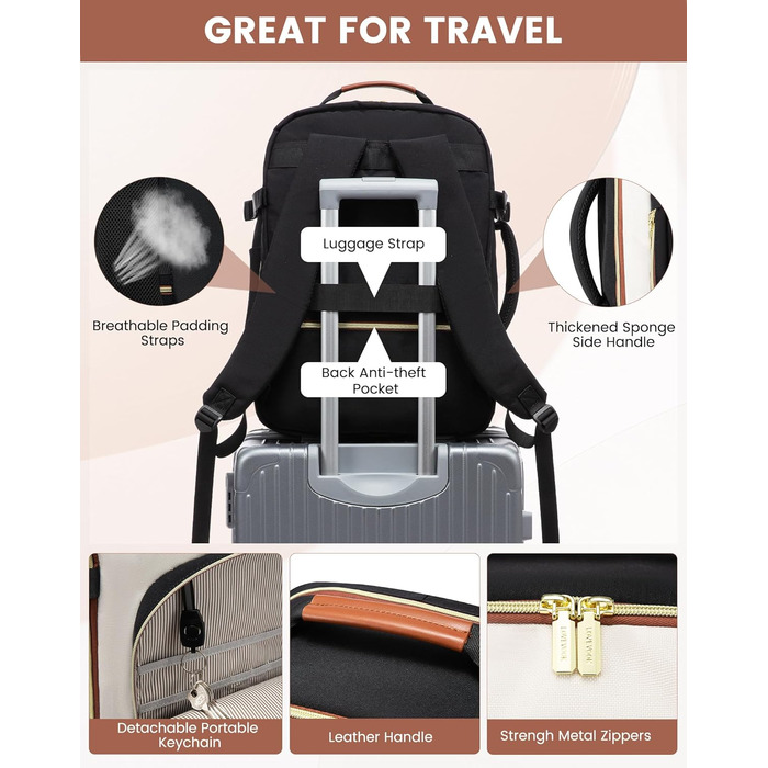 Рюкзак LOVEVOOK для ручної поклажі літака, 40L, водонепроникний, для ноутбука 17 дюймів, для подорожей, школи, роботи, кемпінгу (бежевий+чорний+коричневий)