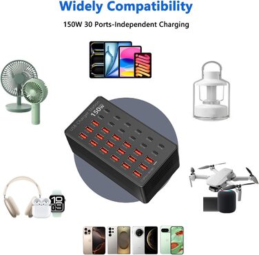 USB-станція зарядки 30 портів 150W USB-C, хаб для iPhone/Samsung/Pixel/планшетів. Мережевий адаптер живлення