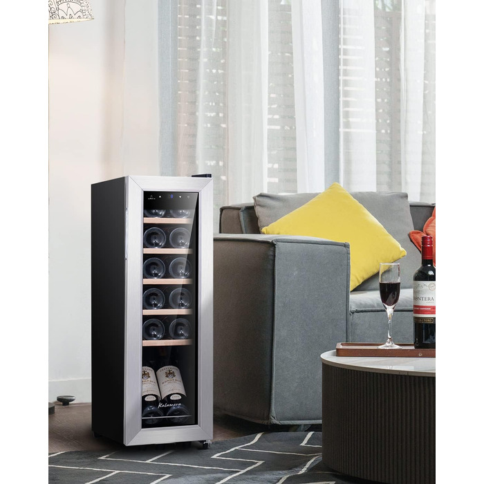 Kalamera 28-Bottle Wine Refrigerator with Touch Control, Stainless Steel Door, 5-18°C Cooling Zone, Removable Wooden Shelves