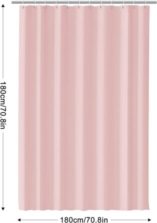 Штора для душу 180x180 см, водонепроникна, антигрибкова, для ванни/душу, з кільцями, рожева