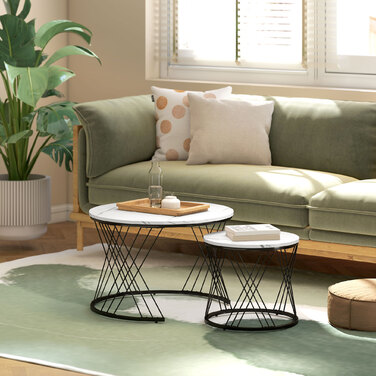 HOMCOM Set of 2 Round Coffee Tables with Marble Look - White