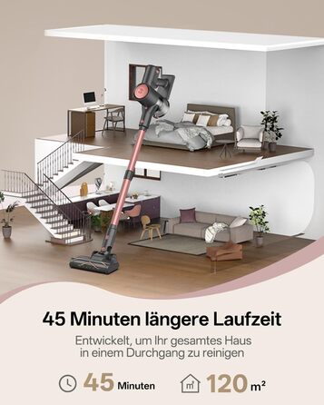 Бездротовий акумуляторний пилосос Vexilar V10PRO 6-в-1 з LED, потужність 450W, час роботи 45 хв, сила всмоктування 45000Pa. Підходить для твердих поверхонь, килимів та видалення шерсті тварин. Компактний, легкий, з телескопічною трубою. Колір: Рожевий.