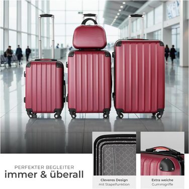 Набір валіз Tectake 4-TLG: міцні валізи з колесами 360°, TSA-замком, великий об'єм, роздільний внутрішній простір, ручна валіза на телескопічному стійці - шампань (винно-червоний)