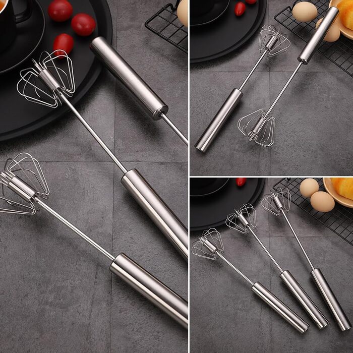 Semi-Automatic Stainless Steel Egg Beater, Semi-Automatic Egg Beater, Semi-Automatic Stainless Steel Egg Beater, Rotating Push Mixer Whisk for Whipping, Beating, Stirring (3PCS)