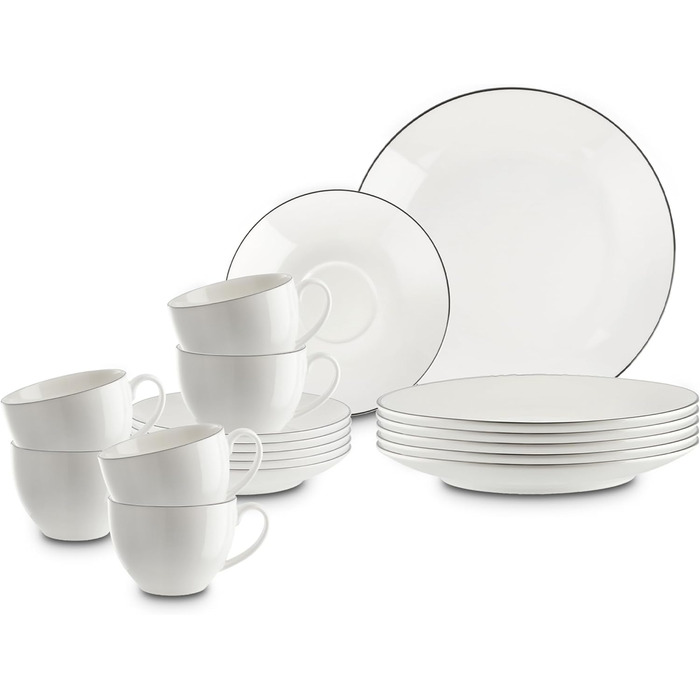 Сервіз для кави на 6 осіб з порцеляни, 18 предметів: 6 тарілок для десерту, 6 чашок, 6 підставок. Білий з чорним обідком.