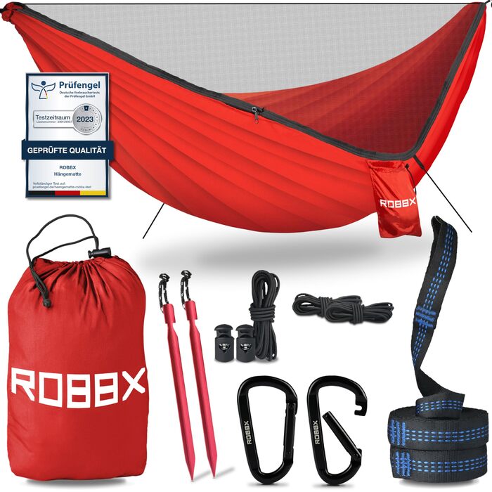Гамак дорожній ROBBX® для двох осіб з москітною сіткою, 300 кг, червоний 290x140 см + комплект кріплень
