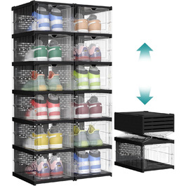 SONGMICS Shoe Cabinet Set, with 18 Shoe Boxes, Integrated Shoe Organizer, Foldable, Portable, for Shoes up to Size 46, 1-Minute Assembly, Transparent-Cloud White LSP207W01 (Transparent + Ink Black, 2)