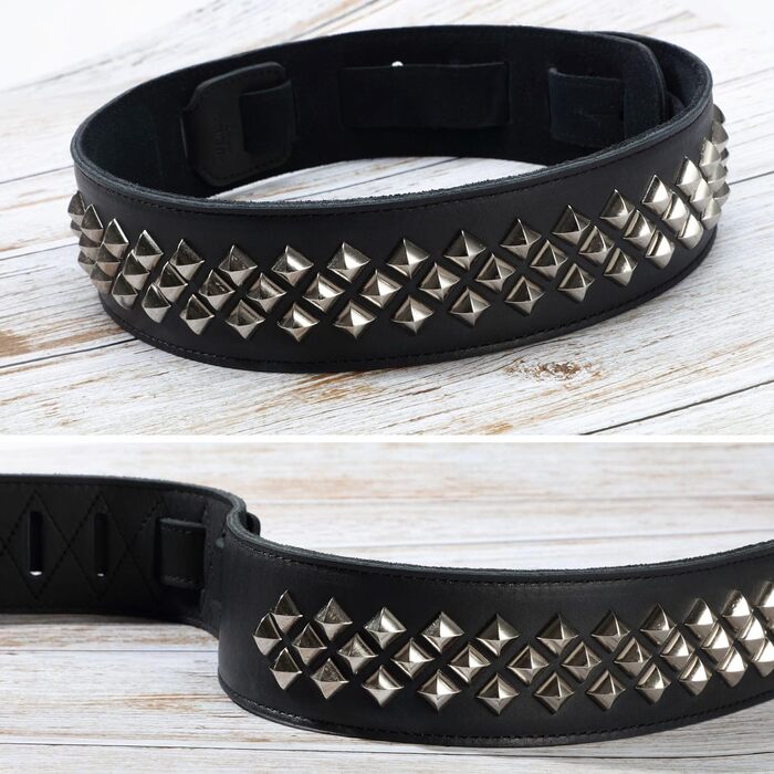 Гітарний ремінь Nefelibata з повном'якої шкіри, з м'якою підкладкою, з срібними заклепками, для електро-, акустичної та бас-гітари (2,5' шириною, карбоновий чорний) (Квадратні діаманти)