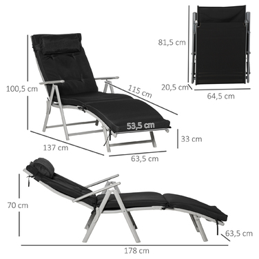 Outsunny Folding Beach Chair, 7 Adjustable Positions, Weather-Resistant, with Cushion, Textilene, Polyester, Metal, 137 x 63.5 x 100.5 cm, Black | Aoso