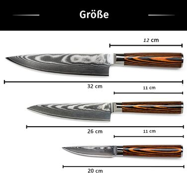Набір кухонних ножів Wolfblood Damast 3 шт (32/26/20 см) з дамаської сталі 67 шарів, твердість 62 HRC, сертифіковано TÜV + чохол та подарункова коробка
