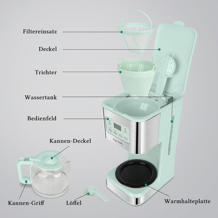 Кавомашина Taylor Swoden Darcy 950W з таймером, 1.5л, 12 чашок, автоматичне відключення, захист від протікання, багаторазовий фільтр, BPA-free, зелена