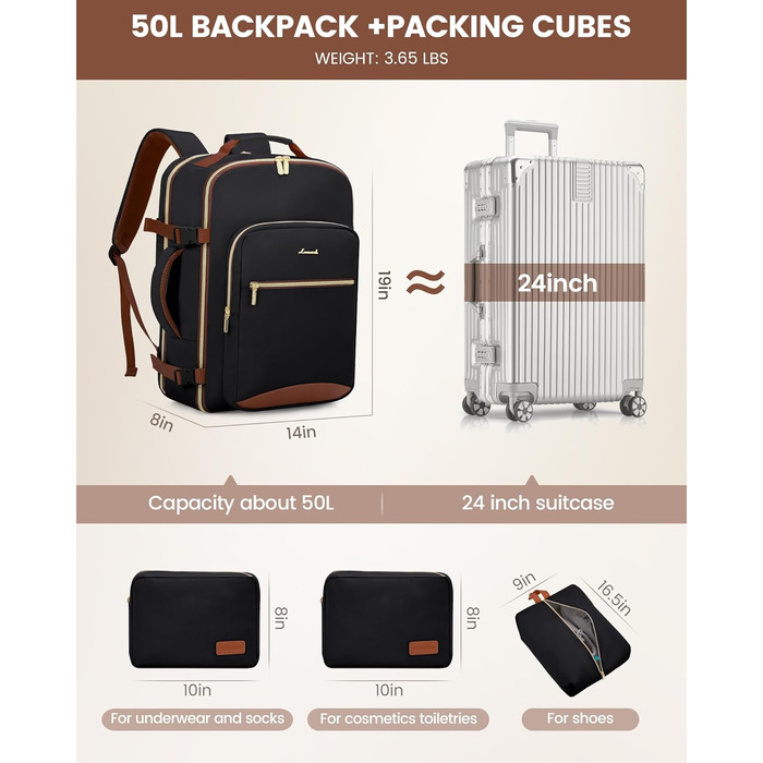 Рюкзак LOVEVOOK для ручної поклажі в літак, 40L, великий, для жінок, валіза-рюкзак, водонепроникний, для 17-дюймового ноутбука, рюкзак для подорожей, бізнесу, ділових поїздок, туризму, відпочинку на вихідних (L, темно-синій+чорний)