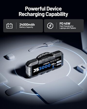 TOPDON JS3000 Powerbank для запуску двигуна: автостартер, бустер для акумулятора до 9л бензину/7л дизеля, 24000mAh, 3000A, LED, EVA-сумка