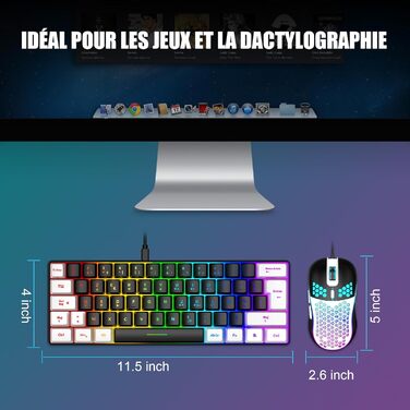 RedThunder K62 Бездротова ігрова клавіатура та миша, RGB, AZERTY, 62 клавіші, міні, для PC/PS5 (Чорний/Білий)