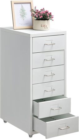 HollyHOME Mobile File Cabinet with 6 Drawers, Rolling File Organizer, Office File Cabinet, Metal Storage Cabinet with Wheels for Home, Office, and School, White White 6-Drawers