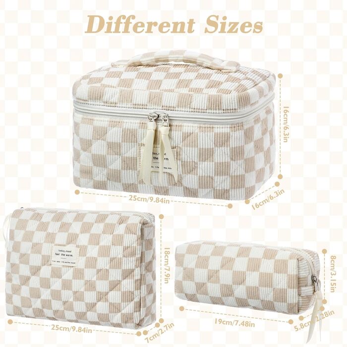 Набір косметичок 3 шт. з квітковим принтом, для подорожей та повсякденного використання | Косметичка для макіяжу для жінок та дівчат. Хакі в клітинку