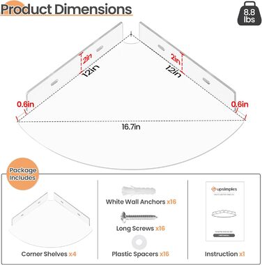 Настінні полиці Upsimples 4 шт. Білі, без свердління, 38 x 10 см, 2 способи кріплення, для ванної, спальні та кухні