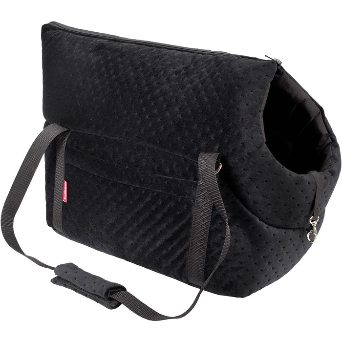 Сумка-переноска для собак та котів | Сумка на плече для тварин з гумкою та карабіном | до 15 кг | Матеріал: штучний замш (Velvet) | Розмір: L | Чорний колір, 42 x 29 x 33 см