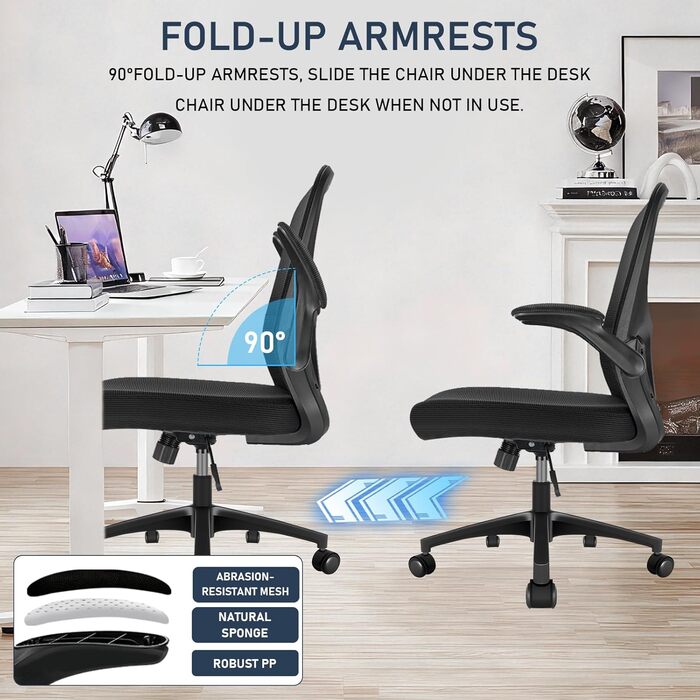 Ергономічне крісло для офісу та робочого столу з підйомними підлокітниками, регульованою підтримкою попереку, регульованою висотою поворотного сидіння та спинкою з сіткою, що нахиляється до 130°, чорне