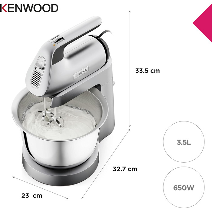 Міксер Kenwood Chefette HMP54.000SI – ручний і стаціонарний, 3,5 л, нержавіюча сталь, 650 Вт, регульована швидкість, сріблястий