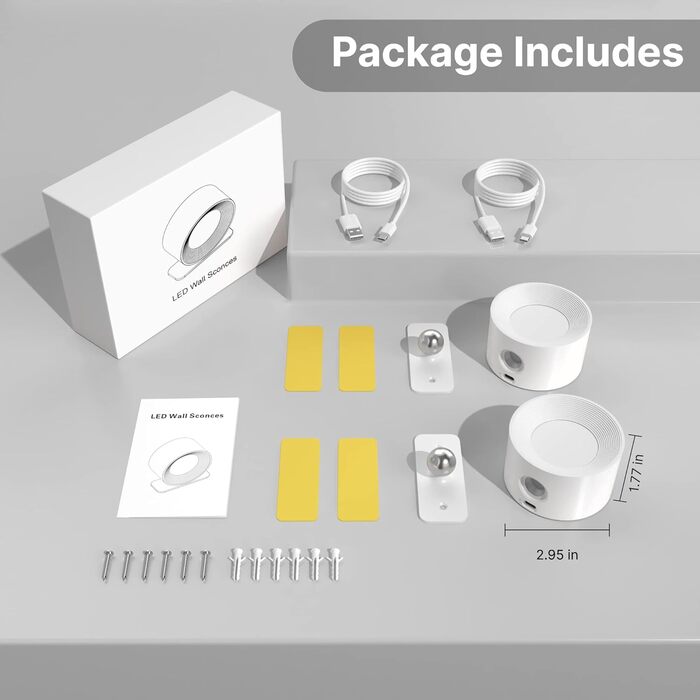 LED настінне освітлення Mexllex: 2 шт., USB-зарядка, 3 кольори, 3 режими яскравості, 360° поворот, сенсорне керування, бездротове, білий
