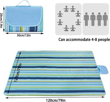 WAIZHIUA велика пікнікова ковдра 200 x 200 см, вологостійка, для пляжу, парку, кемпінгу, сімейних концертів, похідів, блакитна