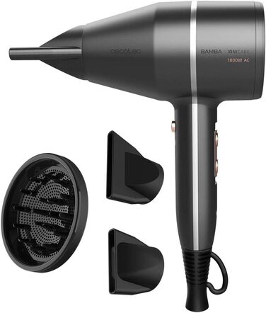 Фен Cecotec Bamba IoniCare Harmony, 2600W, регулювання температури та швидкості, технологія HairCare, іонізація, 1.8 м, 2 насадки, холодний струмінь (чорний, компактний)