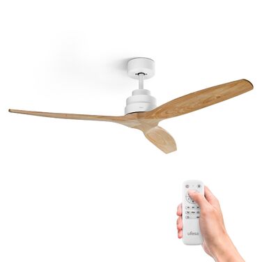 Стеляний вентилятор Ufesa 132 см, 40 Вт, 6 швидкостей, тихий, з 3 дерев'яними лопастями, функція літо-зима, таймер 8 годин, пульт, білий та світле дерево (без світла)
