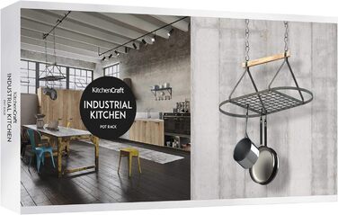 Кухонна підвісна полиця KitchenCraft для каструль, сковорідок і кухонного приладдя, 8 гачків, метал і дерево, 42x18 см, сіра