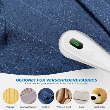 Електричний видальник ворсу з LED-дисплеєм • 6 лез, 2 рівня висоти • 2000 mAh, USB-C, 3 змінні леза • для одягу, диванів, ворсу, ковдр (білий)
