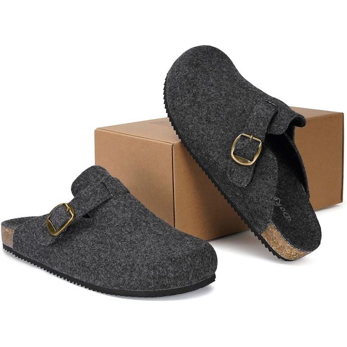 Домашні тапочки Dokela для жінок та чоловіків: зимові клоги з підкладкою, утеплені фетрові тапочки, тепле устілка з корку, зручні шкіряні шльопанці, антиковзаючі, замкнені (42 EU, темно-сірий)