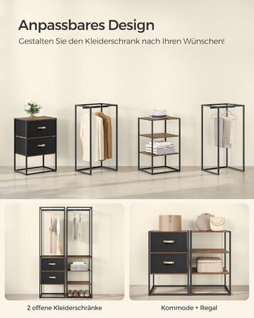 SONGMICS Clothes Rack, Open Wardrobe, Sturdy Coat Rack with 1 Extendable Rod, 2 Drawers, 4 Shelves, for Bedroom, Space-Saving, RGR003W67 (Vintage Brown)