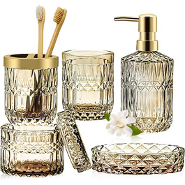 Набір аксесуарів для ванної кімнати з 5 предметів, золото, скло: диспенсер для лосьйону, мильниця, тримач для зубних щіток, стакан, ватні палички. Сучасний дизайн, вінтажний подарунок